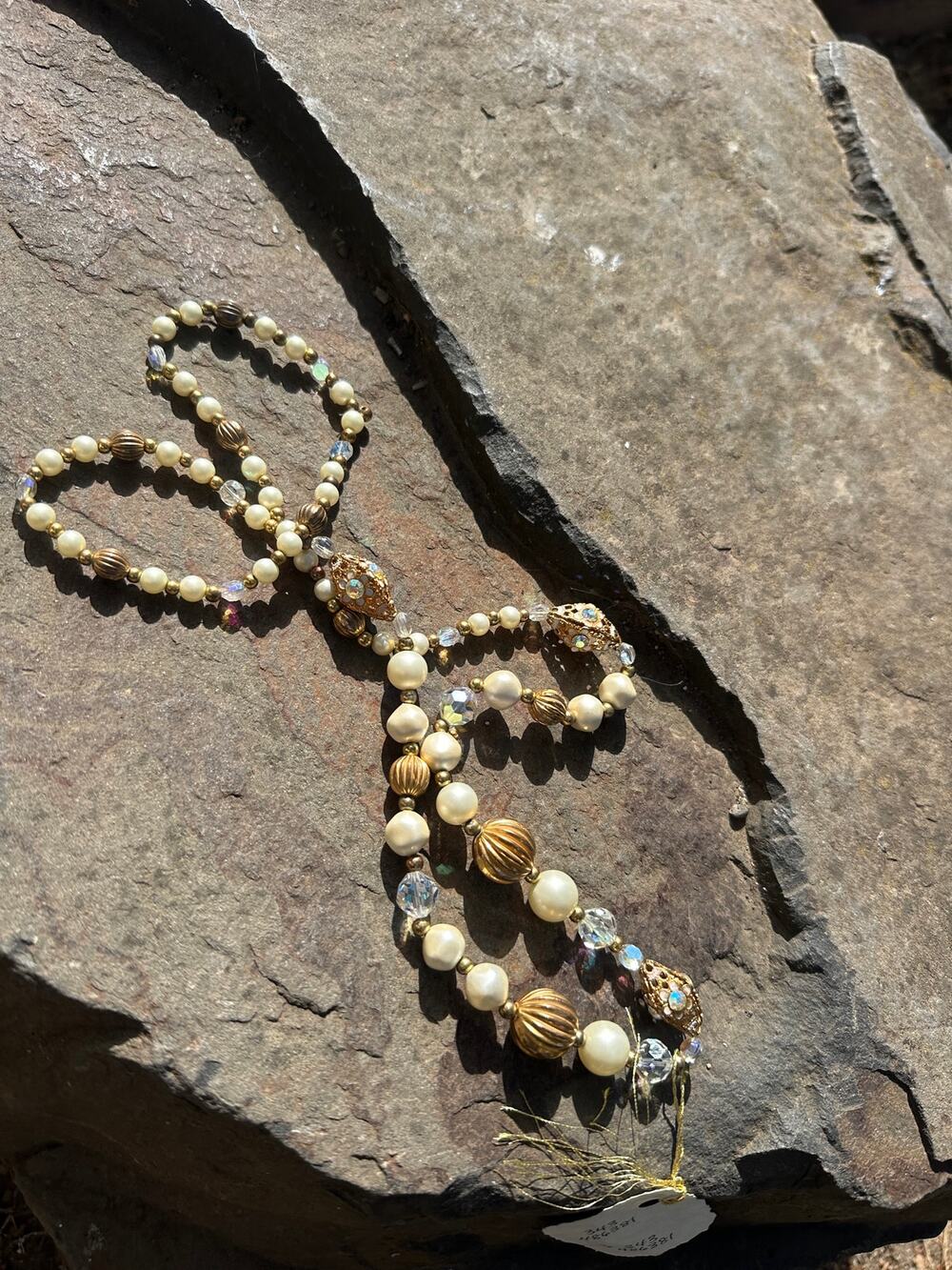 Vintage 1950s Faux Pearl Aurora Borealis Crystal Necklace Long